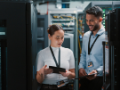 Two colleagues working together in a server room