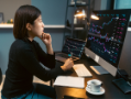 Woman using computers to analyze line graphs.