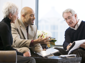 3 diverse people seated meeting, men and woman, image 